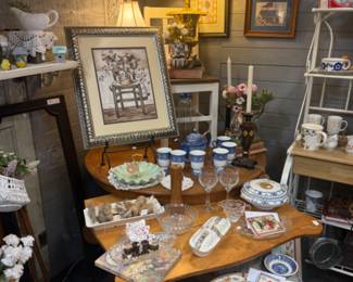 lamp, framed art, tray, vintage wooden side table