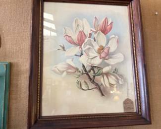 beautiful framed magnolia print with pinks and white 