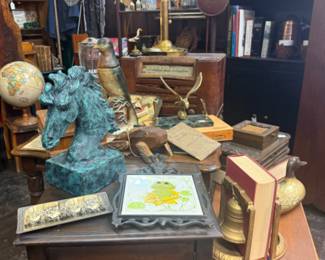 beautiful large patina horse head figurine, vintage frog trivet, solid wood end table, bell book ends