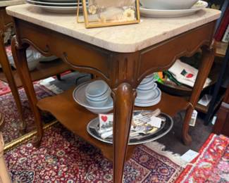marble topped side table with lower shelf, vintage cups, silver tray, vintage valentines card