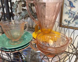 beautiful, pink depression glass pitcher, creamer, sugar