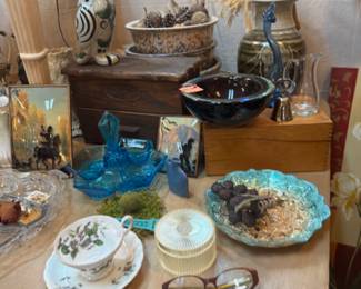 Owl figurine, vintage glasses, cup & saucer, Indiana glass blue art deco 4-part relish/candy dish