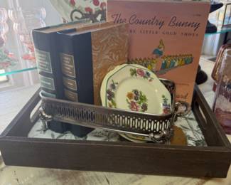 vintage pie plate, dishes, vintage silver casserole dish holder- pretty used as decor, vintage books, children's book