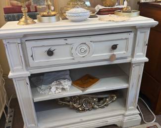 wooden side table or bedside table, large with drawer and shelves