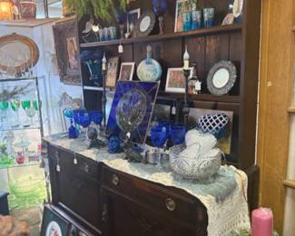 beautiful solid wood buffet, blue dishes