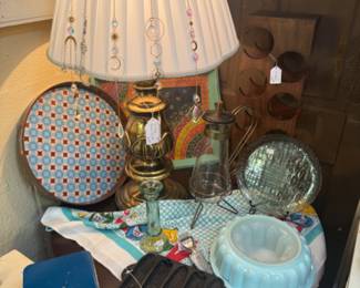 lamp, tins, cast iron corn cornbread stick pan, bundt pan, cute serving tray