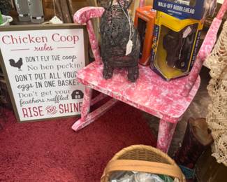 rocking chair, baskets, signage, woven bunny, Astros bobbleheads