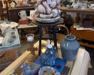 end tables, vase, duck planter, clock