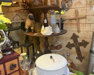 cake stand with lid, mirror, crosses, lamb figurine