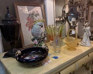 lamps, framed art, bird figurine