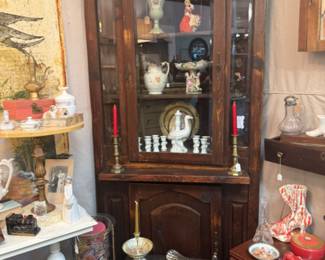 antique wood corner cabinet, candlestick, stool, shoe vase and more