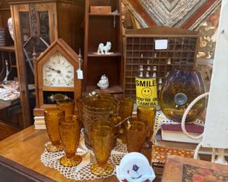 vintage clock, amber glass and pitcher, figurines