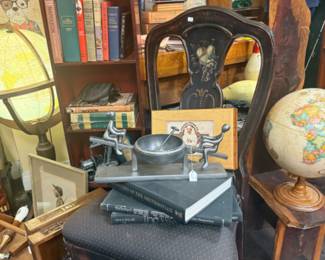 vinage hand painted chair, globes, books