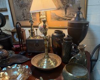 vintage lamp, carnival glass bowls, green leaf tray framed art