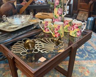Vintage Japanese hand-painted  porcelain lemonade or iced tea pitcher and cup set featuring hand-painted pink and red roses, brass sconces, beautiful glass topped vintage coffee table
