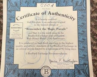 Each Disney plate has the certificate of authenticity 