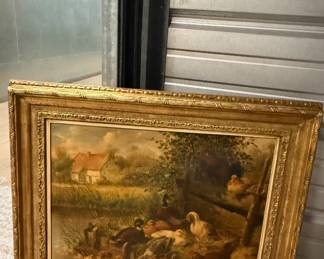 Vintage painting of chickens in a yard