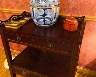 rolling tea cart with gorgeous blue and white medium leaf ginger jar with brass trim