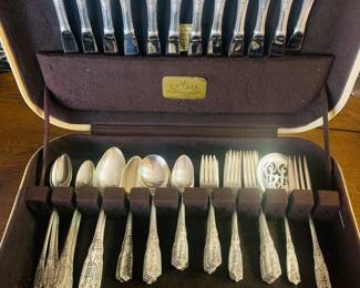 86 piece set of Milburn Rose sterling  flatware  by Westmoreland 
Solid silver weighs 2,881 grams and weighted knives are an additional 849 grams
