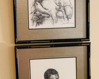 Framed signed prints by Jamaican artist J Macdonald Henry “ Girl with a Chicken” and “ Boy with a Goat”