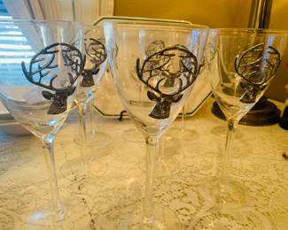 Set of 9 “Gentlemen Elk” by Vagabond House -crystal goblets with pewter elk designs. 
