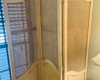 3 panel wooden and caned screen
