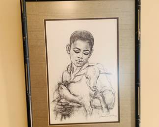signed charcoal lithograph "Boy with a Goat" by Macdonald Henry