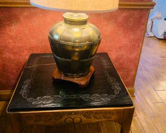 second large brass lamp with small slate top table