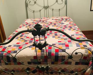 Painted iron footboard, headboard and rails. -soft green color. 