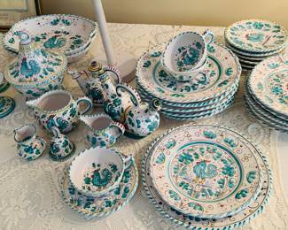 large set of Italian Grazia Deruth dishware  "Green Laughing Rooster"