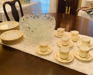 Aynsley gold trimmed china with big cut glass punch bowl