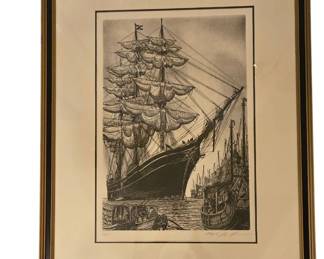 Etching of the Whaling Ship Charles W Morgan Signed and Dated 1977 by American Artist Alan Jay Gaines