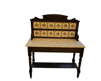 2 Piece Edwardian Style Walnut Marble Top Table with Tiled Back