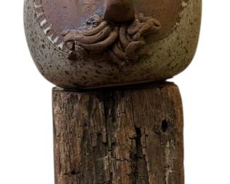 Unique Ceramic Sandblasted Face Sculpture on Driftwood