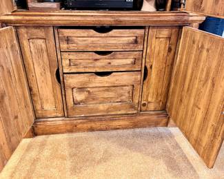 Vtg. hand made cabinet w/4 stain glass cutouts that light up and pull out drawers - approx 7' tall by 26" wide 