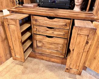 Vtg. hand made cabinet w/4 stain glass cutouts that light up and pull out drawers - approx 7' tall by 26" wide 