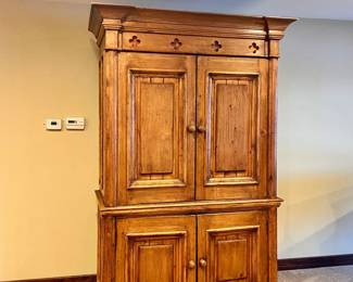 Vtg. hand made cabinet w/4 stain glass cutouts that light up and pull out drawers - approx 7' tall by 26" wide 
