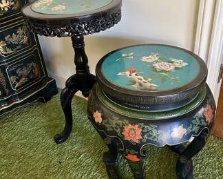 Black lacquer with Cloisonné 3 legged table and plant stand/ bench. 