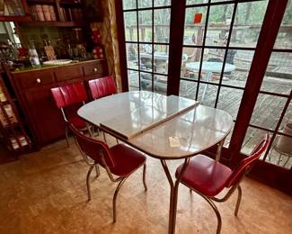 1950's Dinette, Formica and Chrome by Tepco, w./ Leaf and 4 red vinyl and chrome chairs