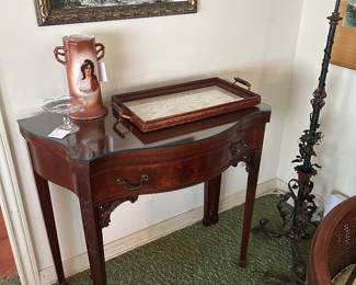 White & Co. Flame Mahogany Foyer Table w./ Gate-Leg and Butterfly Top and custom glass top. 
