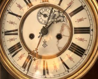 Gustav Becker Wall Clock with Walnut Case: Porcelain Dial Detail.