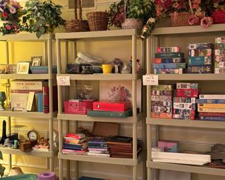 Assorted puzzles, games, household decor, completed floral decor and floral decor supplies 