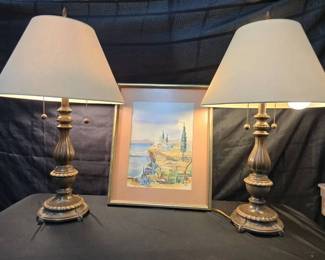 CT124Framed watercolor with vintage lamps