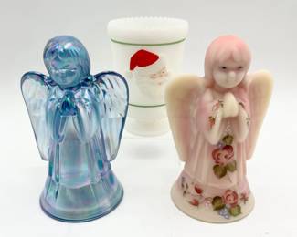 185 FentonHandPaintedSantaCandleHolderandTwoPrayingAngels