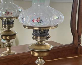 51 FentonHandPaintedIridescentShadeHurricaneLampSignedbyArtist