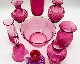 28 CranberryGlassLotFeaturingFentonSmallOpalescentHobnailPitcher