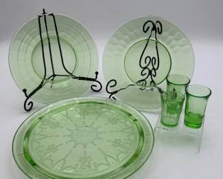 141 UraniumGlassCakePlateTwoSaladPlatesandThreeShotGlasses
