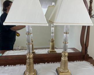 45 TwoFrenchNeoclassicalStyledGlassBrassLampswCrystalFinials