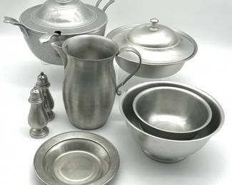 189 PewterBowlsPitcherandSaltPepperShakerSet