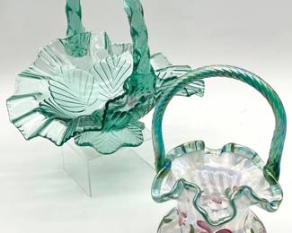 93 TwoGreenFentonGlassBaskets